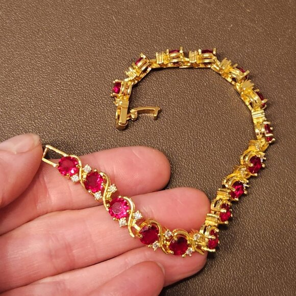 Neiman Marcus 18k Gold Plated Red Ruby Round CZ Bracelet - Picture 3 of 5